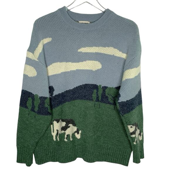 Aelfric Eden M Mens Cow In A Pasture Knitted Sweater Blue Green - Picture 1 of 7